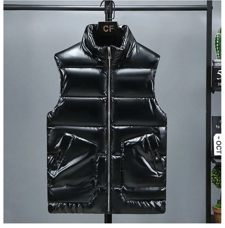 Men's Vests #3623 Black Grey Casual Waistcoat With Hooded Autumn Winter Shiny Surface Mens Warm Vest Bodywarmer_voghion.com