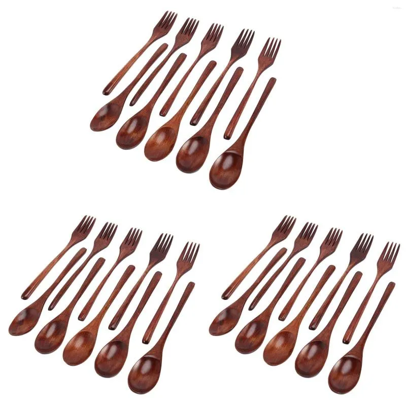 Set di stoviglie (5 su una dozzina) 30 pezzi Cucchiai di legno Set di forchette Utensili Posate in legno naturale riutilizzabili per cucinare Mescolare Mangiare