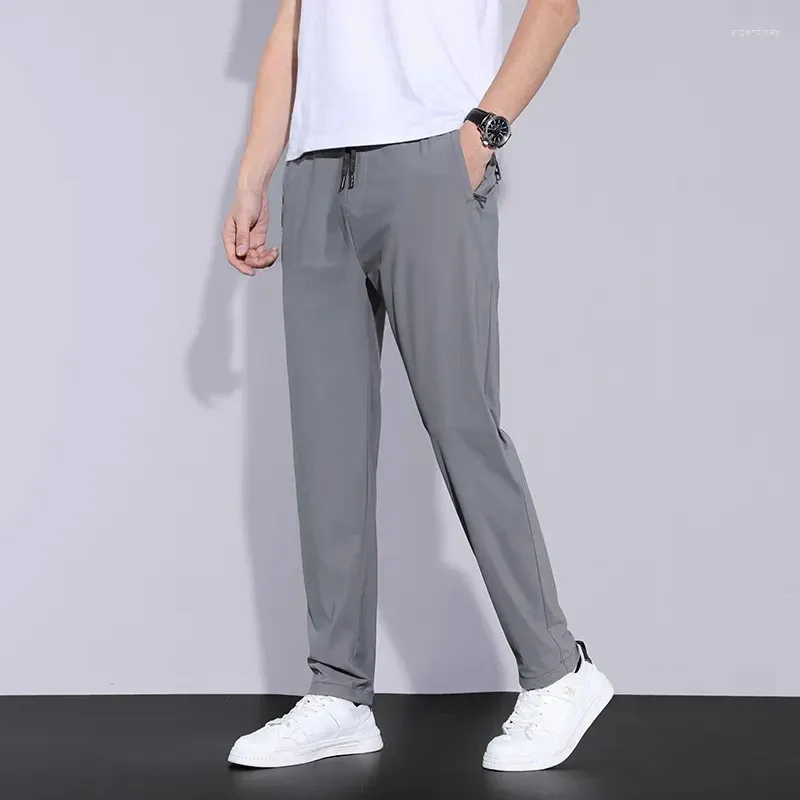 Pantalon pour hommes 2023 été décontracté mince doux sport poche zippée corée gris noir élasticité à lacets taille jogging pantalon de travail mâle