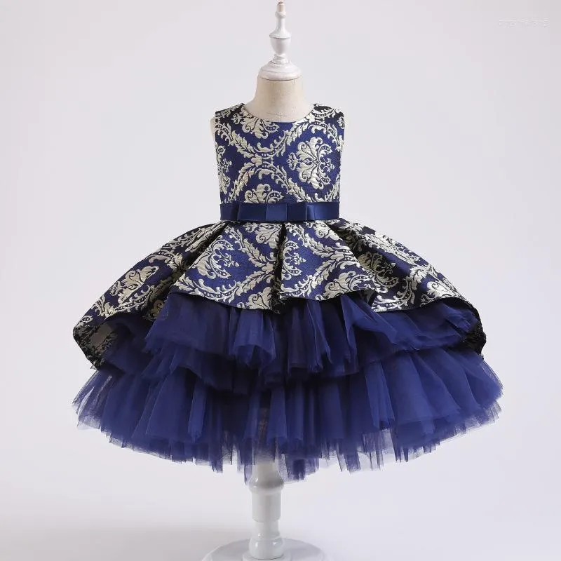 Abiti da ragazza Abito a fiori con stampa blu scuro Bambini Baby Hi-Lo Tulle Tutu Principessa Matrimonio Damigella d'onore Festa di compleanno Pageant 2-12T