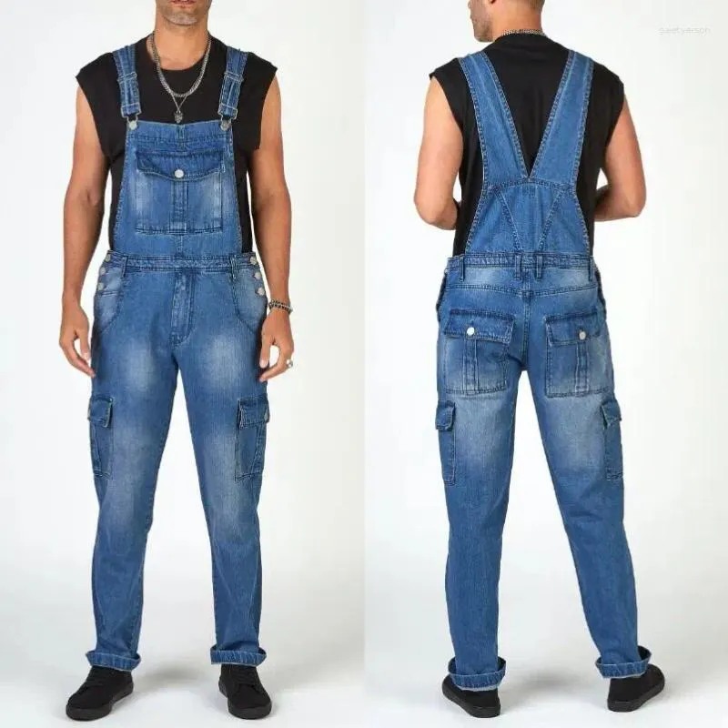 Men's Pants Jeans Fashion Multi-pocket Denim Jumpsuit 2023 Overalls Trousers Blue Streetwear Men Rompers W581