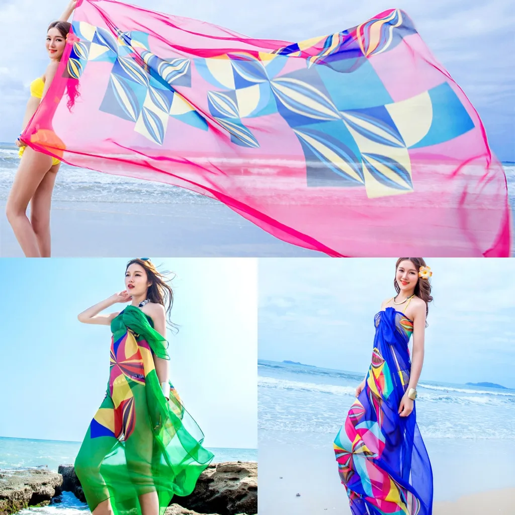 Designer Long Silk Beach Scarf Women Shawl Wrap Ladies Pashmina Flower Printed Sarong Wrap Scarves Clothing 140X190cm Red Yellow Green Royal Blue Colors Wholesale