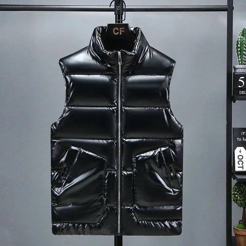 Men's Vests #3623 Black Grey Casual Waistcoat With Hooded Autumn Winter Shiny Surface Mens Warm Vest Bodywarmer_voghion.com