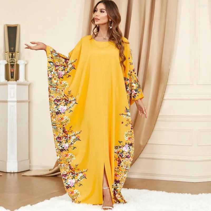 Ubrania etniczne Afrykańskie sukienki dla kobiet żółte z długim rękawem Poliester Plus Printing Sukienki Muzułmańska moda Abaya