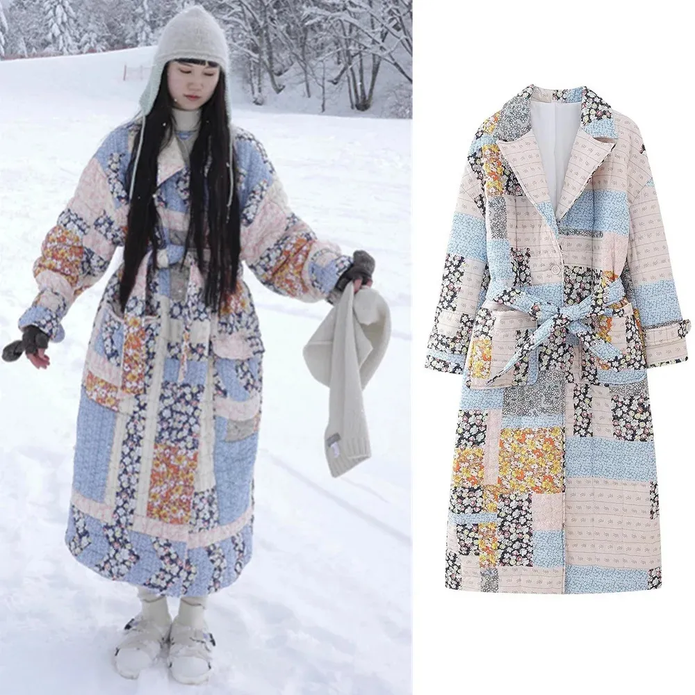Womens Wool Blends PB ZA Autumn Fashion European and American style belt belt printed ceanted cotton coat 231114