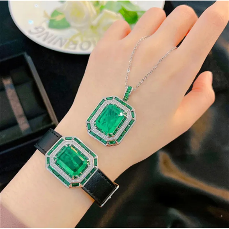 Värdefullt läderlaboratorium Emerald Jewelry Set 14K White Gold Engagement Wedding Armband Halsband för kvinnor Män lovar gåva