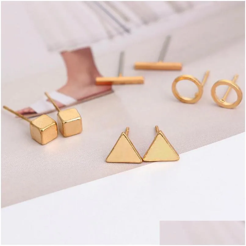 Orecchini a bottone a forma di triangolo tondo nuovo a forma di sier oro nero orecchino in lega di colore per le donne gioielli orecchio 4 paia consegna di goccia Dhgarden Dhk14