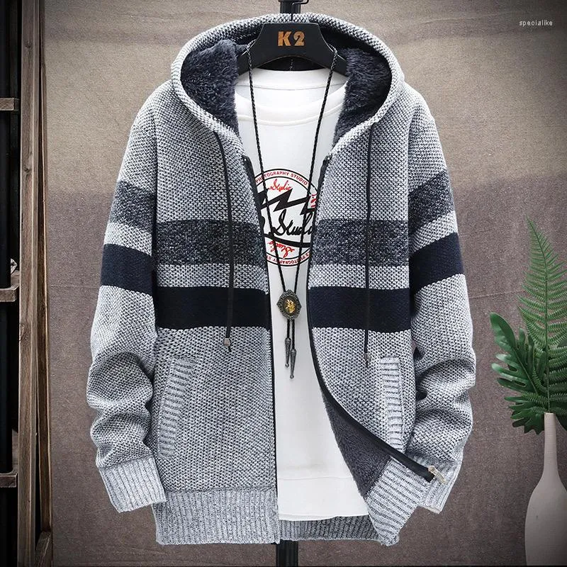 Herrtröjor Herr Cardigan Fleece Hooded Winter Sweater Thicken Knit randiga mode Sueters