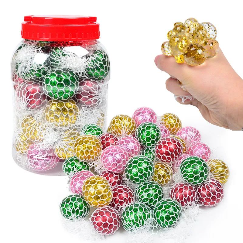 5 cm/6 cm/7 cm squishy ball fidget speelgoed glitter poeder water kralen mesh squish squish druiven ball anti stress knijp ballen stress verlichting decompressie speelgoed angst relieverieverd