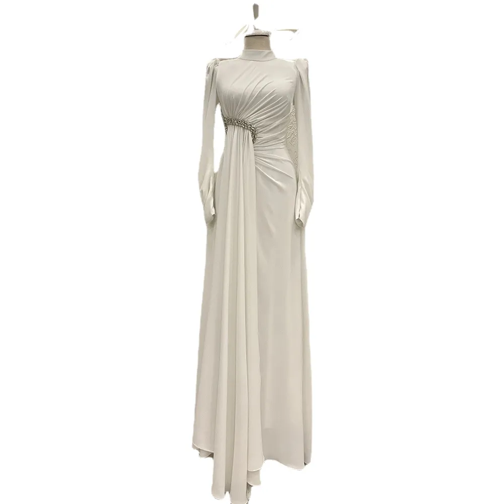 Robes de soirée simples à col haut pour femmes manches longues robes de soirée à fermeture éclair Jersey cristal a-ligne longueur de plancher