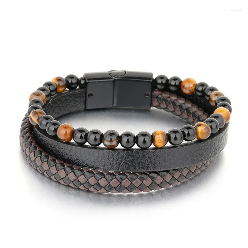 Charme pulseiras niuyitid natural tigre olho pedra pulseira homens pu couro trançado multicamadas fivela magnética pulseira masculina jóias