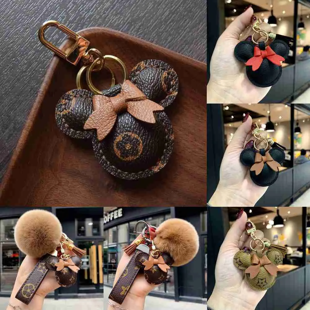Designer Nyckelring Bear Head Läder Päls Kulhänge Nyckelring Rosett Bilhänge Metall Mode Personlighet Kreativ Söt