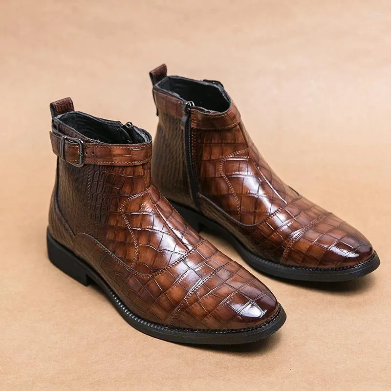 Boots Fashion Buckle Leather Men Shoes Crocodile Pattern Ankle Oxfords Dress Business