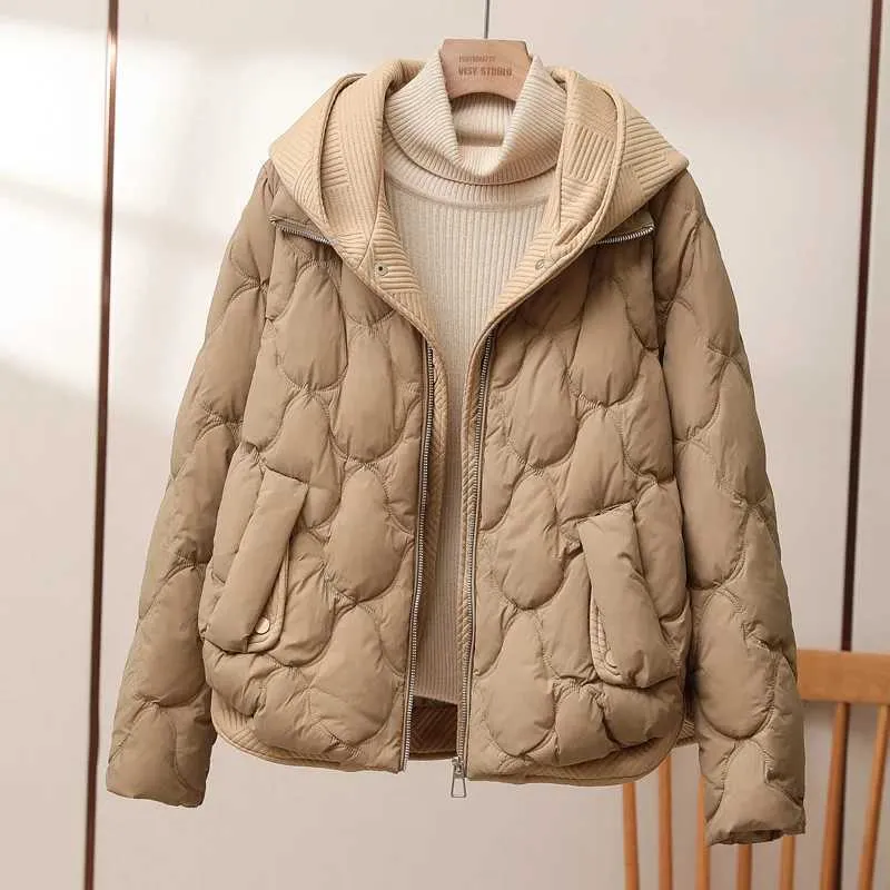 Novo inverno falso duas peças de malha emendado puffer jaqueta feminina curto solto com capuz parkas casual 90% pato para baixo casaco