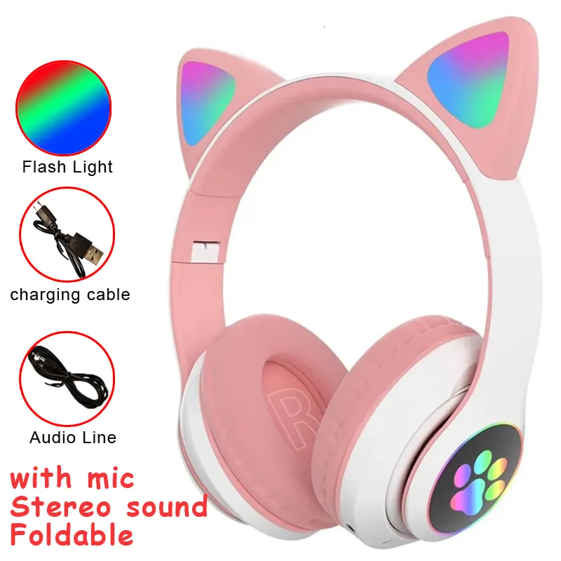 Cep Telefonu Kulaklıklar Flaş Işık Kedi Kulakları Kablosuz Mikrofon Kontrol Led Çocuk Stereo Sevimli Müzik Kask Bluetooth Telefon Kulaklık Kulaklık 230414