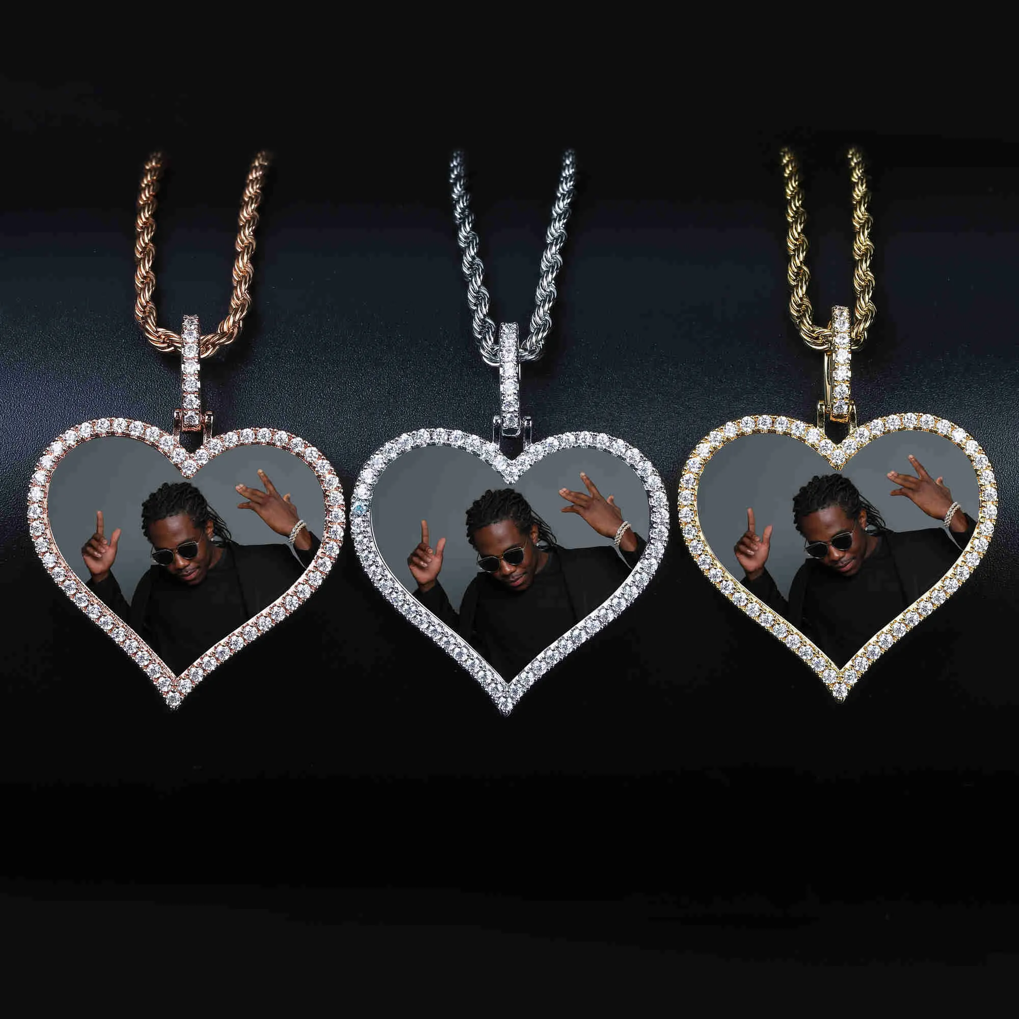 Pendant Necklaces TOPGRILLZ Custom Made Photo Heart Medallions Necklace Pendant With 4mm Tennis Chain AAA Cubic Zircon Men's Hip Hop Jewelry T230413