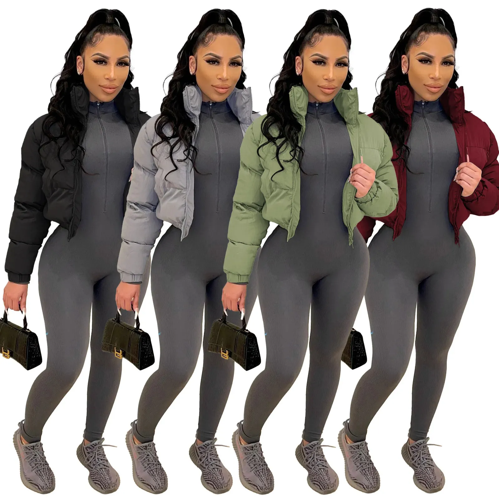 Mulheres para baixo parkas outono zip up gola alta cortada puffer jaqueta cor sólida atacado roupas de inverno feminino bolha casaco outwear 231113