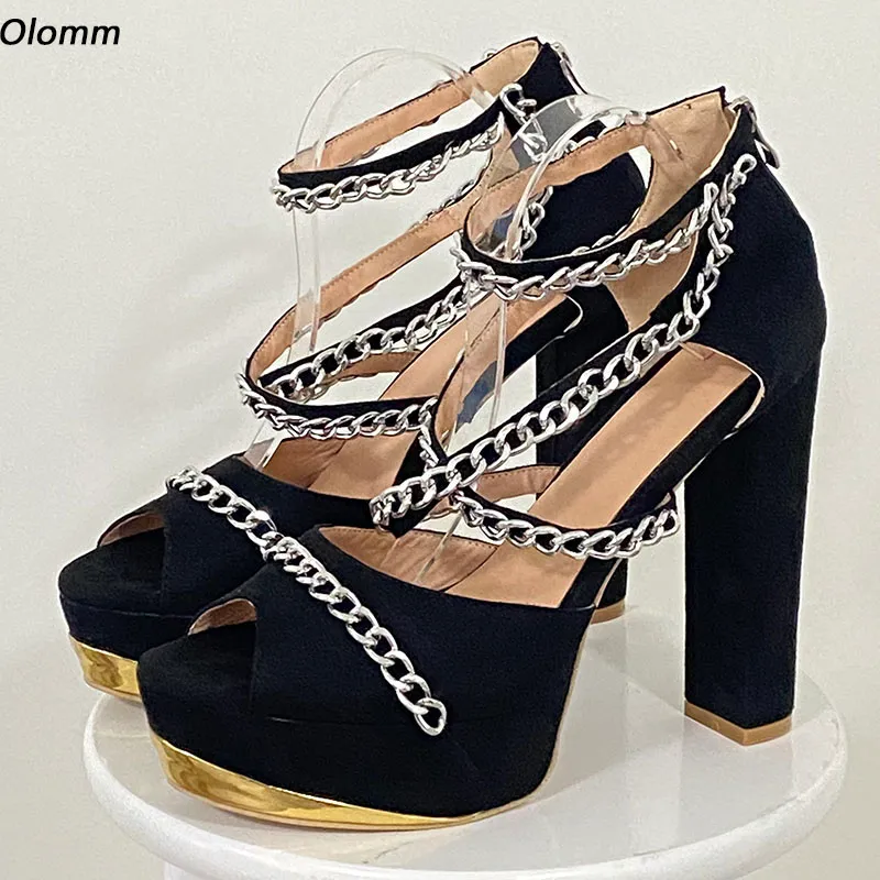 Olomm Handmade Women Platform Sandals Faux Suede Sexy Chain Chunky Heels Round Toe Elegant Black NIght Club Shoes Size 35 47 52
