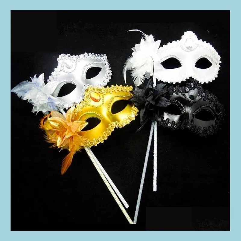 Feestmaskers Venetiaanse maskerade dance ball masker fancy jurk eyemasker op stok lelie bloem kanten veer gehouden drop levering hom dh9vq