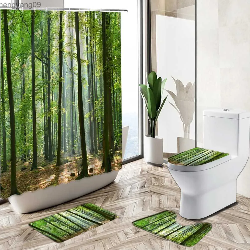 Douchegordijnen Mistig Bos Bomen Landschap Douchegordijn Set Lente Groene Plant Landschap Badkamer Tapijt Toilet Cover Badmat R231114