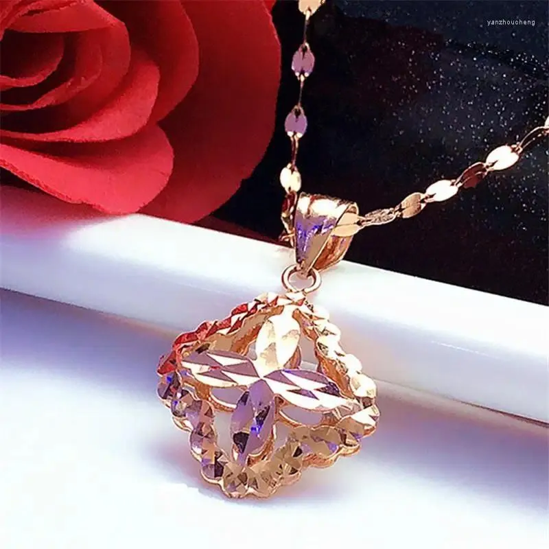 Correntes 585 Roxo Banhado A Ouro 14k Rose Openwork Flor Colar Pingente Elegante Charme Casamento Brilhante Jóias Femininas