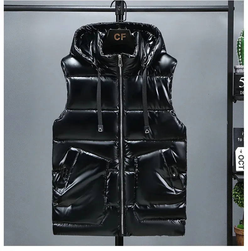 Men's Vests #3623 Black Grey Casual Waistcoat With Hooded Autumn Winter Shiny Surface Mens Warm Vest Bodywarmer_voghion.com