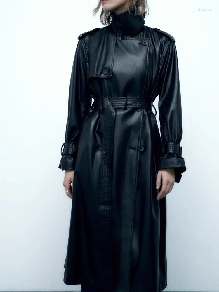 Sprężyna dla kobiet jesienna polo luźna długa pasek czarny pu faux faureaker płaszcz elegancki płaszcz