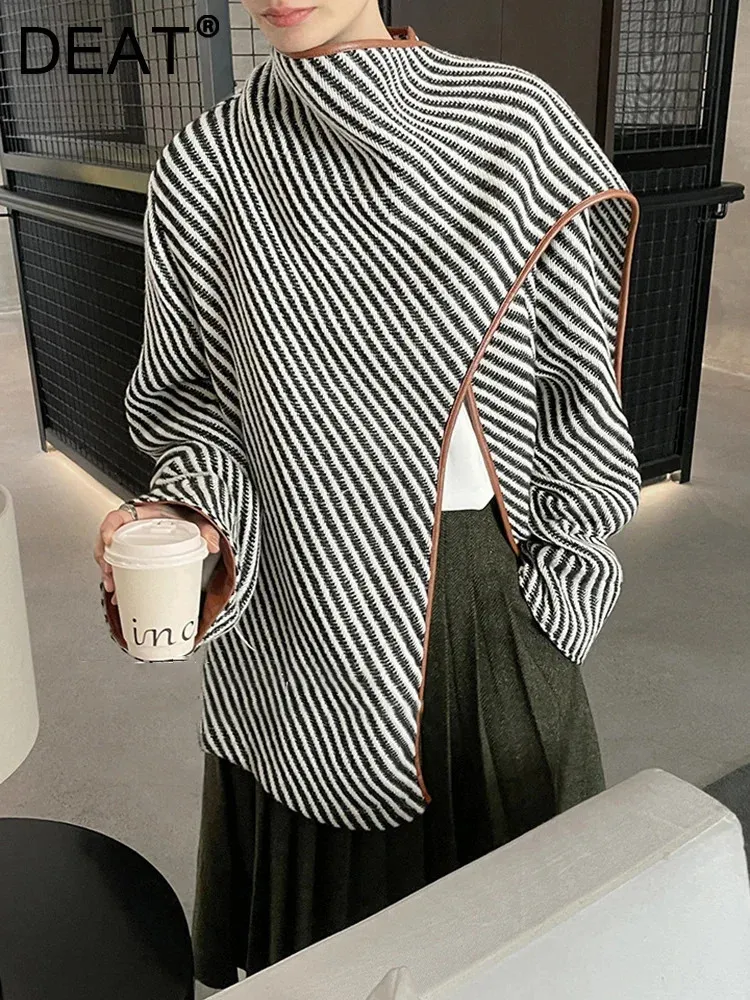 Women's Wool Blends DEAT Fashion Women Stripe Wool Jackets Scarf Collar PU Leather Edging Contract Color Loose Shawl Jacket Winter 7AB2025 231114