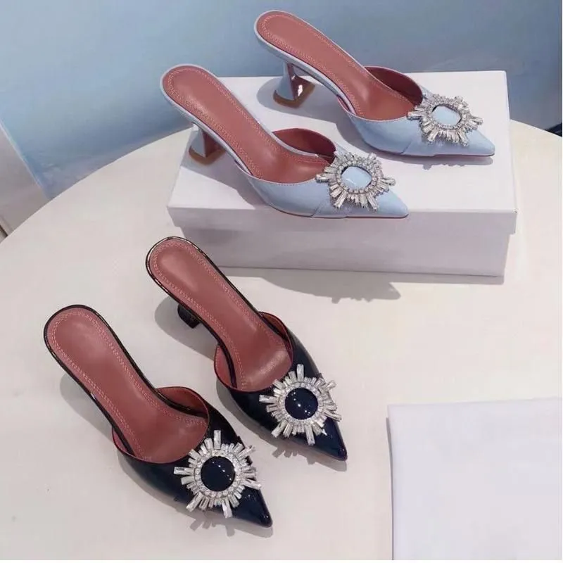 2022 designer Satin womens Half slippers fashion Thick heel heels Slides woman shoe beach Lazy sexy Sandals Metal High heel Ballroom bar shoes Large size 34-42box