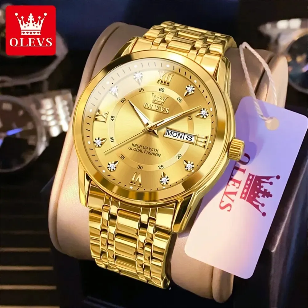 Wristwatches OLEVS Quartz Watch for Men Luxury Diamonds Gold Waterproof Luminous Stainless Steel Business Mens 231114