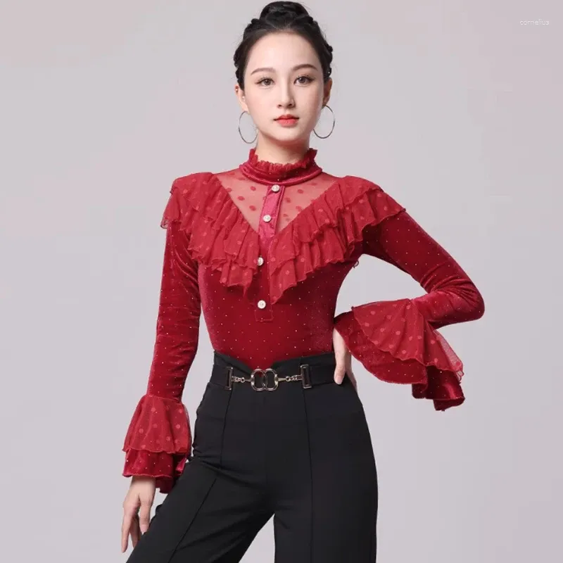 Stage Wear Long Sleeve Balloom Dance Tops Velvet Tango Clothing Adult Women Black Red Waltz Dancing Performance Costume DL11133