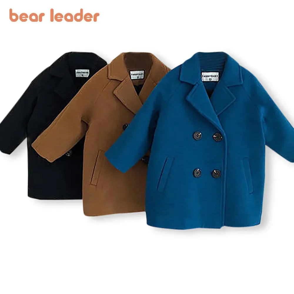 다운 코트 곰 지도자 아기 모직 재킷 긴 이중 가슴 따뜻한 유아 용 라펠 트위드 2023 가을 겨울 겉옷 코트 231113