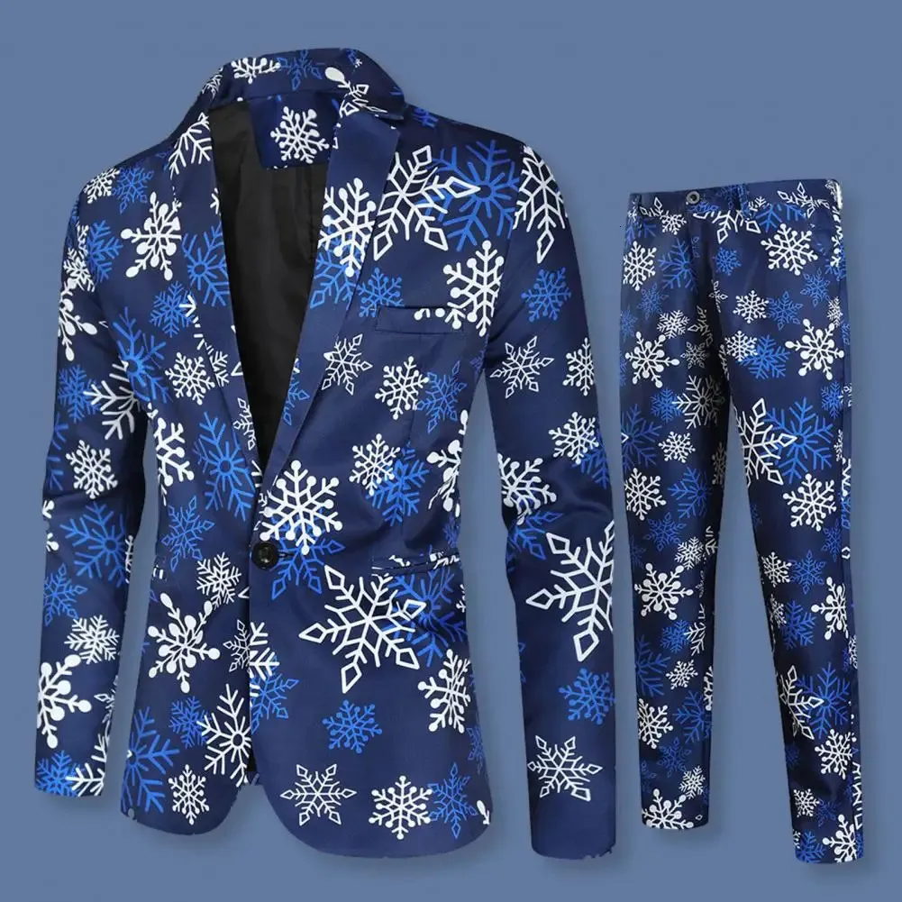 남자의 양복 블레이저 2 pcs 세트 남자 재킷 바지 슈트 만화 산타 눈송이 인쇄 바지 세트 연도 파티 코트 231113