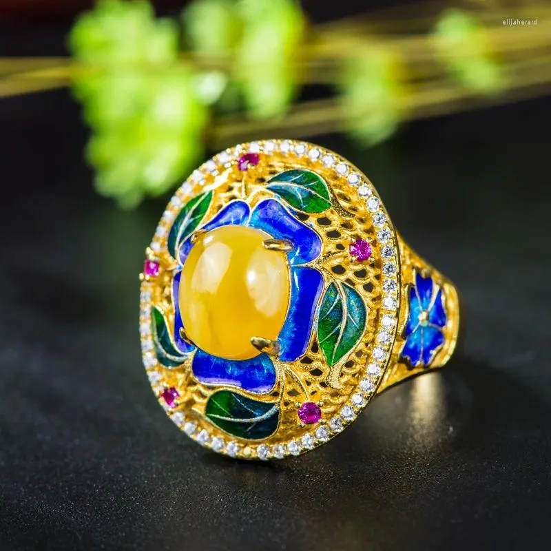 Кольца кластера Ретро серебряные украшения S925 Sterling Cloisonne Натуральный пчелиный воск Драгоценные камни Цветок пиона Женское открытое кольцо оптом