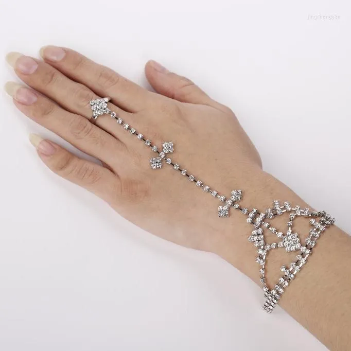 Bangle Rhinestone Skeleton Finger Ring Armband Crystal Hand Charm Jewelry for Women Wedding