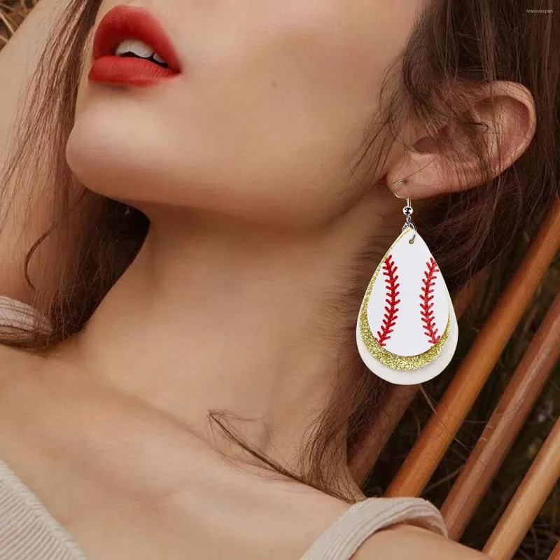 Hoop Earrings White Leather Baseball Theme Sparkling Pink Round Love Drops Border Earring Stud Set Large