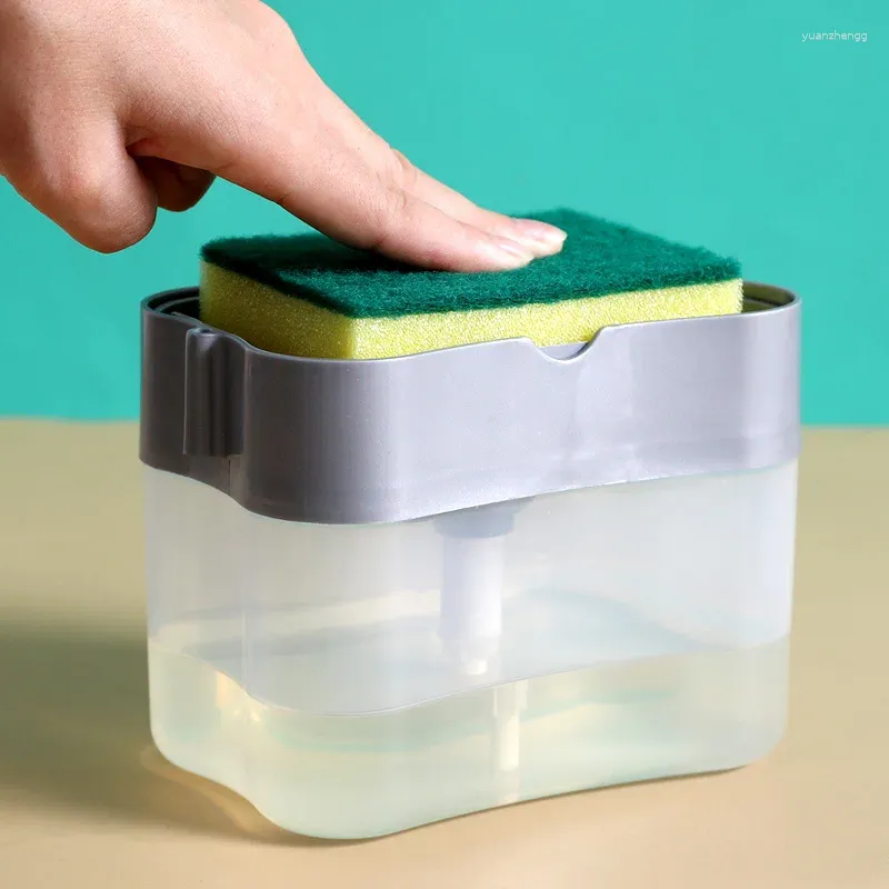 Flytande tvål dispenser container manual svamppump med renare hållare press rengöringsverktyg köksarrangör