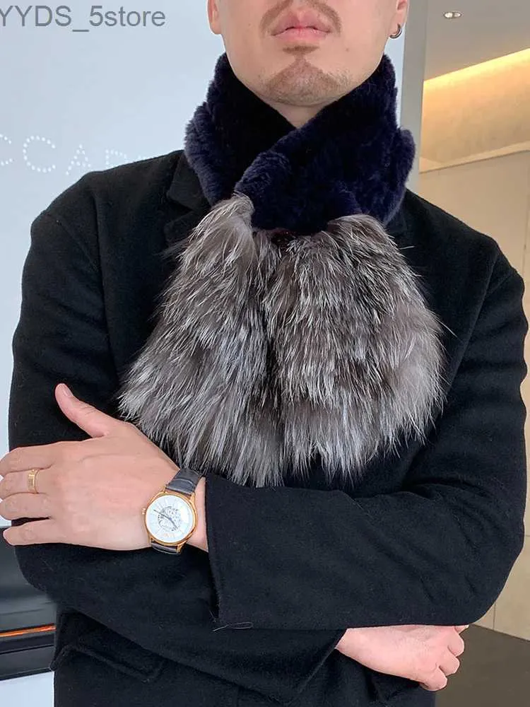 Écharpes Hommes Véritable Rex Fourrure De Lapin Écharpe Naturel Fourrure De Renard Wraps Hiver Chaud Foulard Tricoté À La Main Silencieux Voyage Ski YQ231114