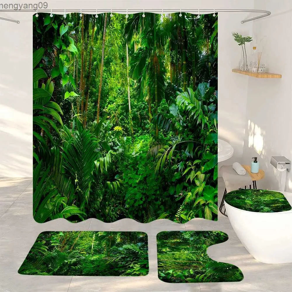 Rideaux de douche Forêts Cascades Paysages Ensembles de salle de bain avec rideaux de douche et tapis Plages Vagues Paysages tropicaux Décor de salle de bain R231114