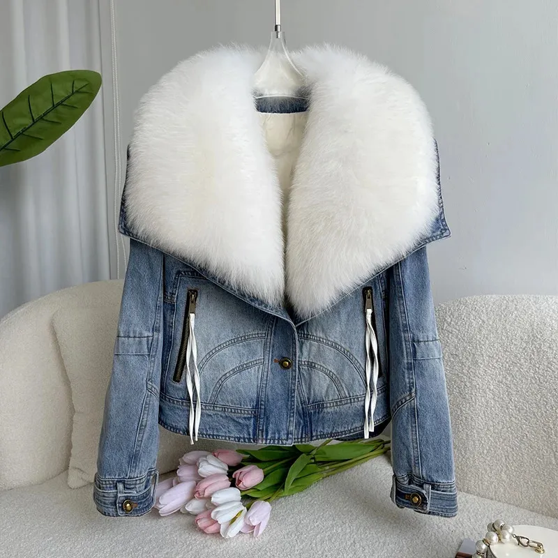 Womens Fur Faux European Goods Niche Design Sense Parka Oversized Fox Detachable Denim Coat Short Goose Down Jacket 231113