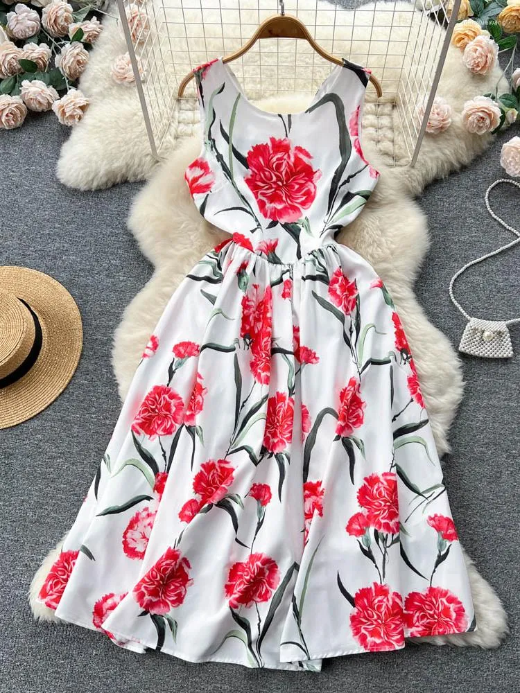 Casual Dresses Summer Rose Print Party Dress Kvinnor ärmlös Rund hals Midlängd Fransk vintage damer Elegant A-line Slim Long Robe