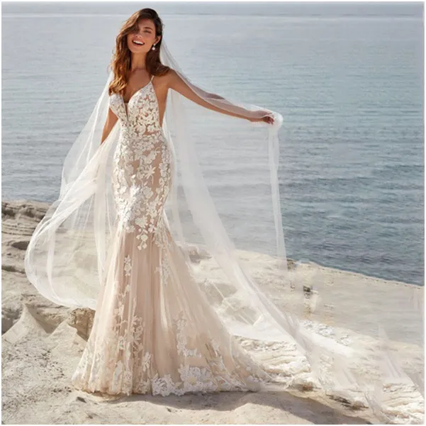 Eleganti abiti da sirene sulla spiaggia boho pulsanti coperti di boho illusioni in pizzo Applique Chapel Train plus size Sexy Wedding Wedding Gown Vestitido de novi 403