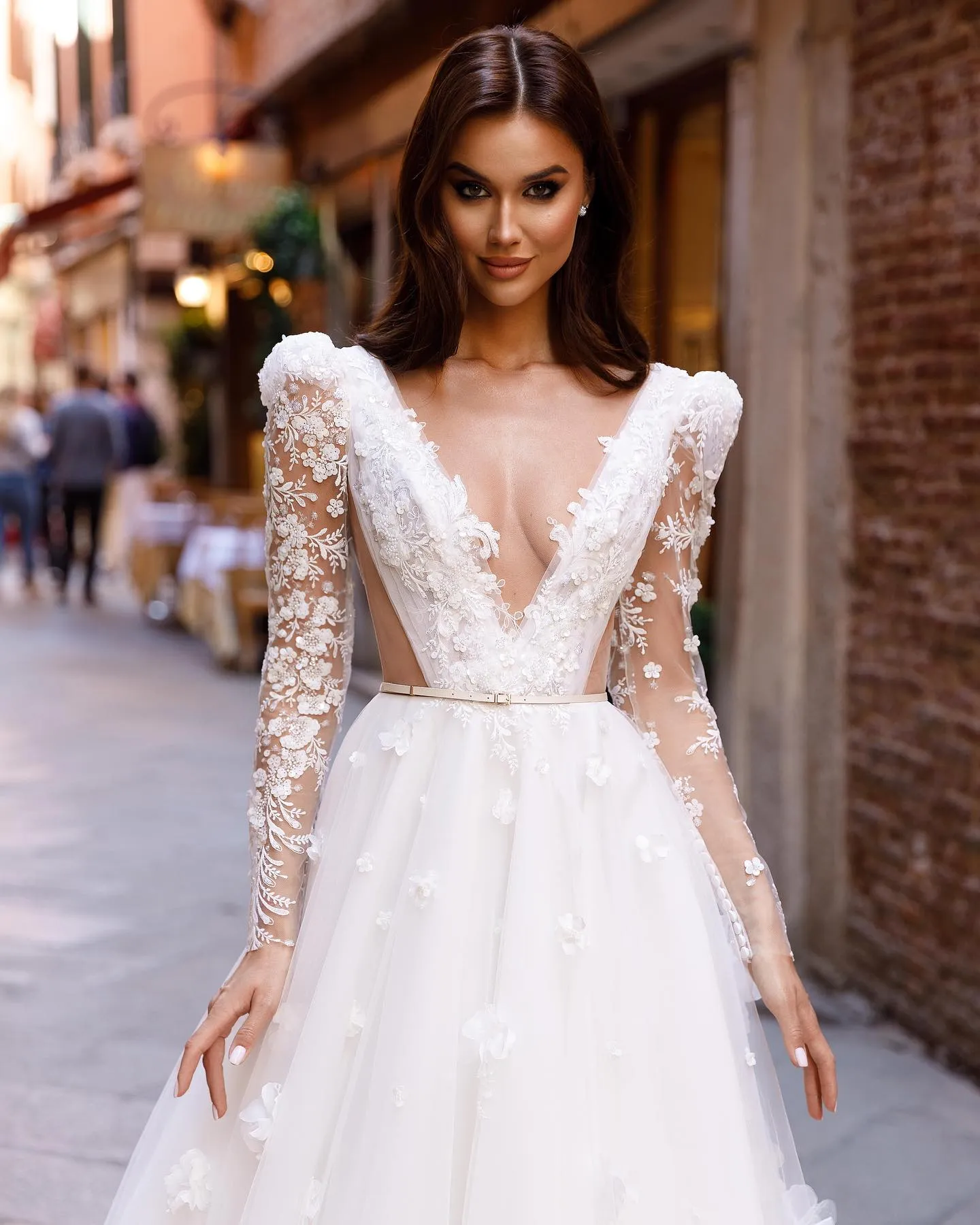 Cut out Lace Appliques Long Sleeve Wedding Dress V Neck A Line Bridal Gown 2024
