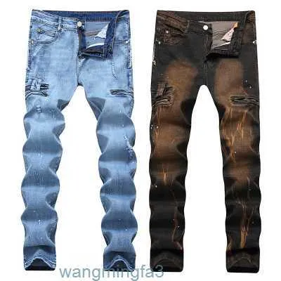 Calças de brim masculinas vendas quentes masculino motociclista jeans alta qulaity zíper designer impresso quebrado tamanho grande calças retas streetwear