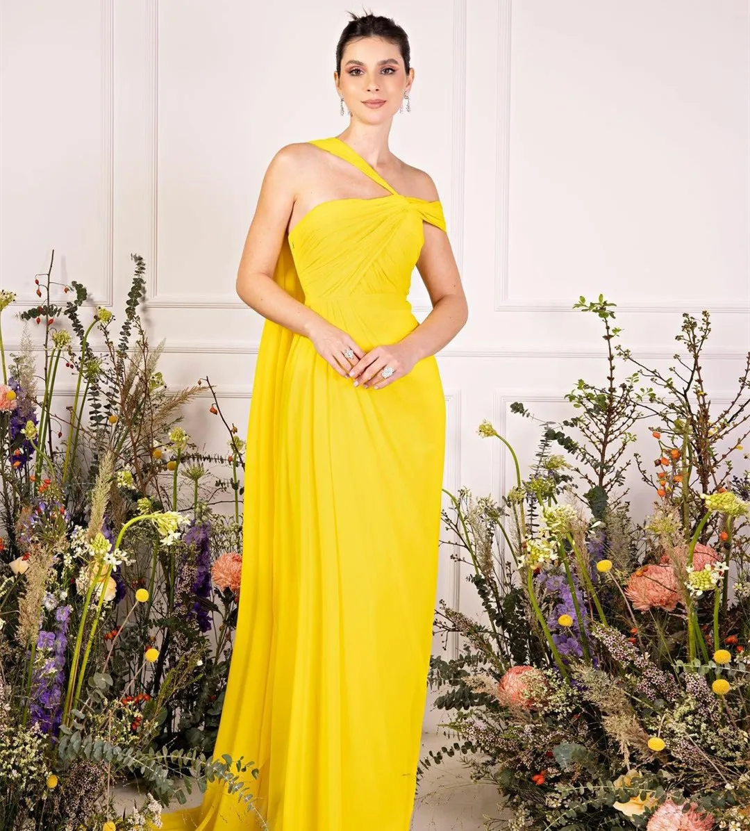 ビンテージの長い黄色のイスラム教徒のワンショルダーイブニングドレス