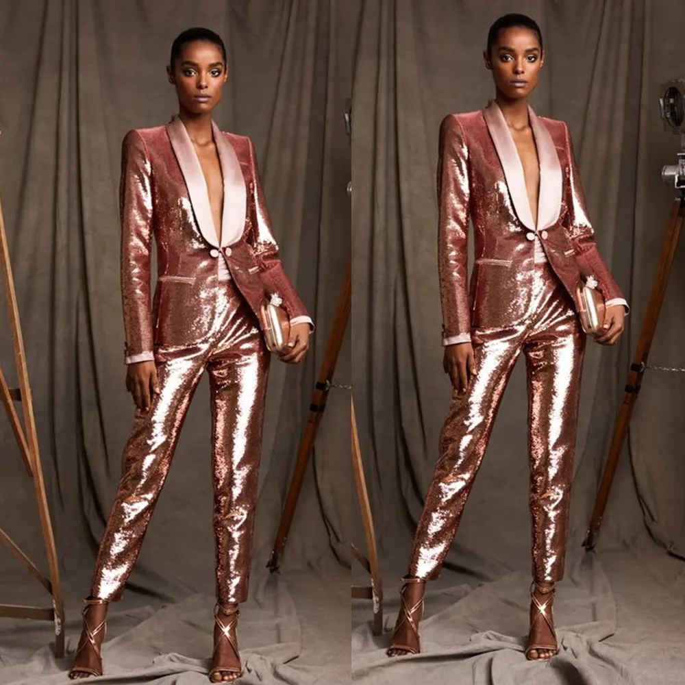 Rose Gold Sequins Women Suits 2 Pcs Sparkling Blazer Pants Designer Red Carpet Formal Party Prom Dress Custom Made Cstume Femme