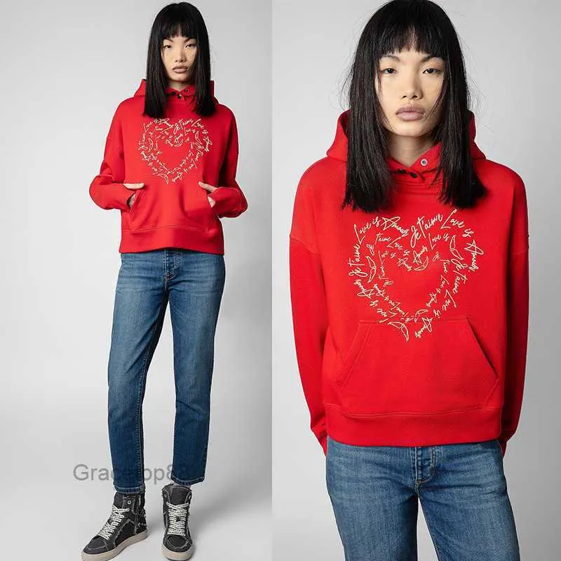 Felpe con cappuccio da donna Felpe Zadig Voltaire Tide Designers Abbigliamento sportivo Lettera Patchwork Love Hot Diamond Fodera interna in pile Rosso Felpa con cappuccio da donna Classic Fashion p 4db8