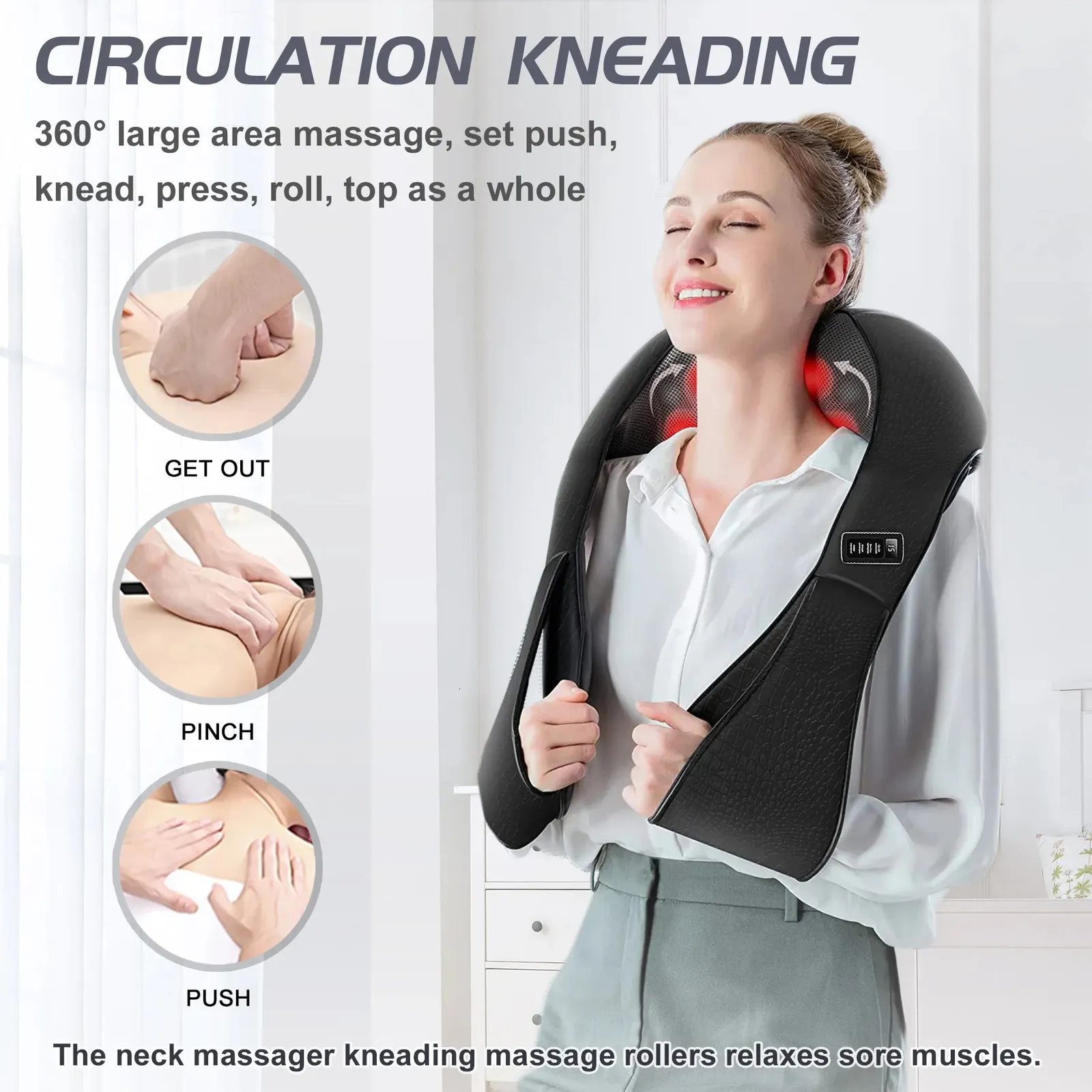 24W Shiatsu Shoulder Neck & Back Massager with Heat Deep Kneading Massage  Pillow