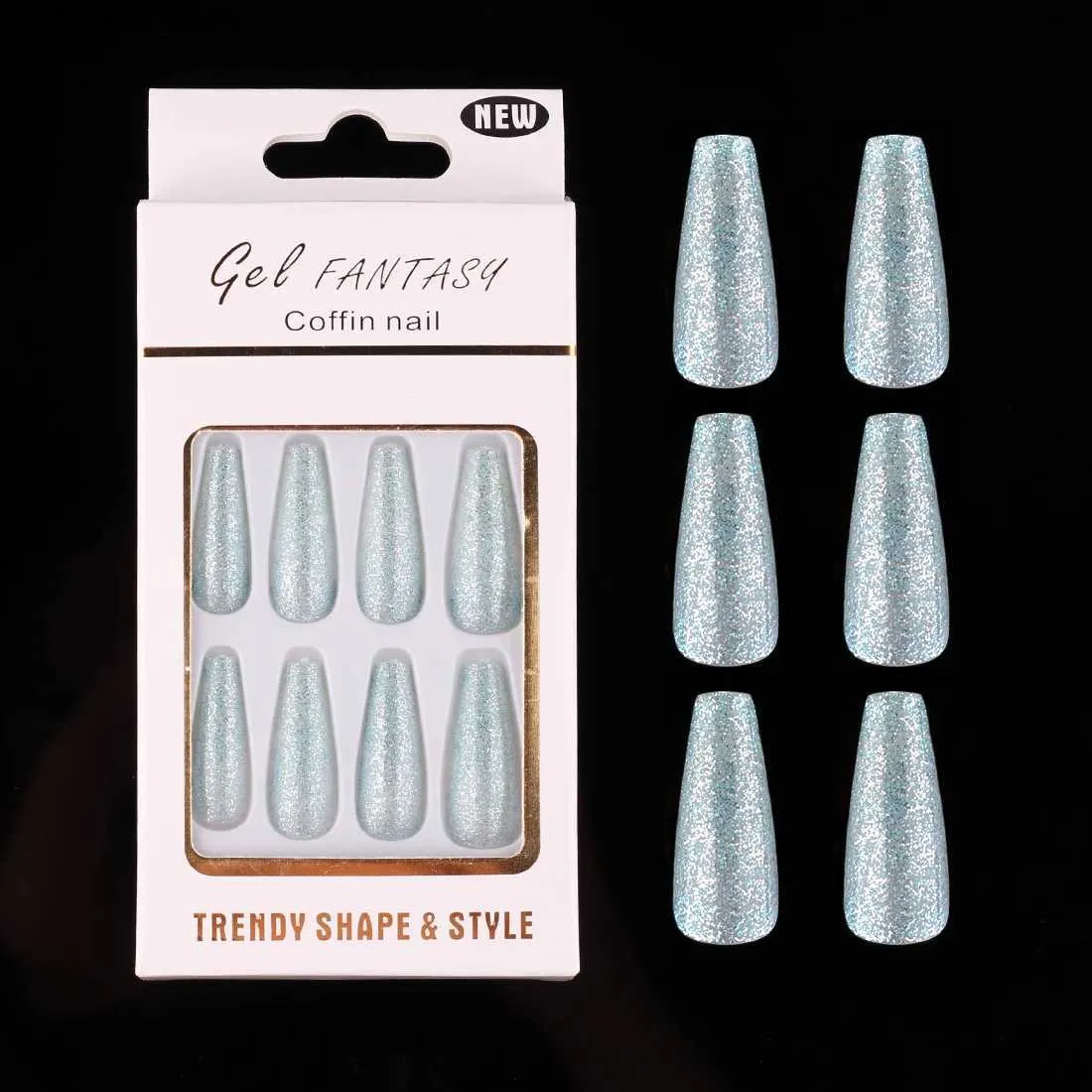 Unhas falsas 24 unidades / caixa Glitter Unha falsa longa hortelã verde caixão de balé unhas falsas para meninas capa completa prensa em unhas kit de unhas acrílicas Q231114