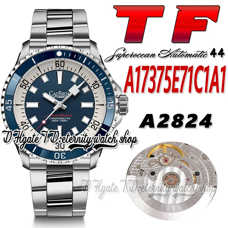 TF Superocean 44 ETA A2824 Automatische Herrenuhr A17375E71C1A1 Keramiklünette Blaues weißes Zifferblatt Stickmarkierungen Edelstahlarmband Super Edition Ewigkeitsuhren